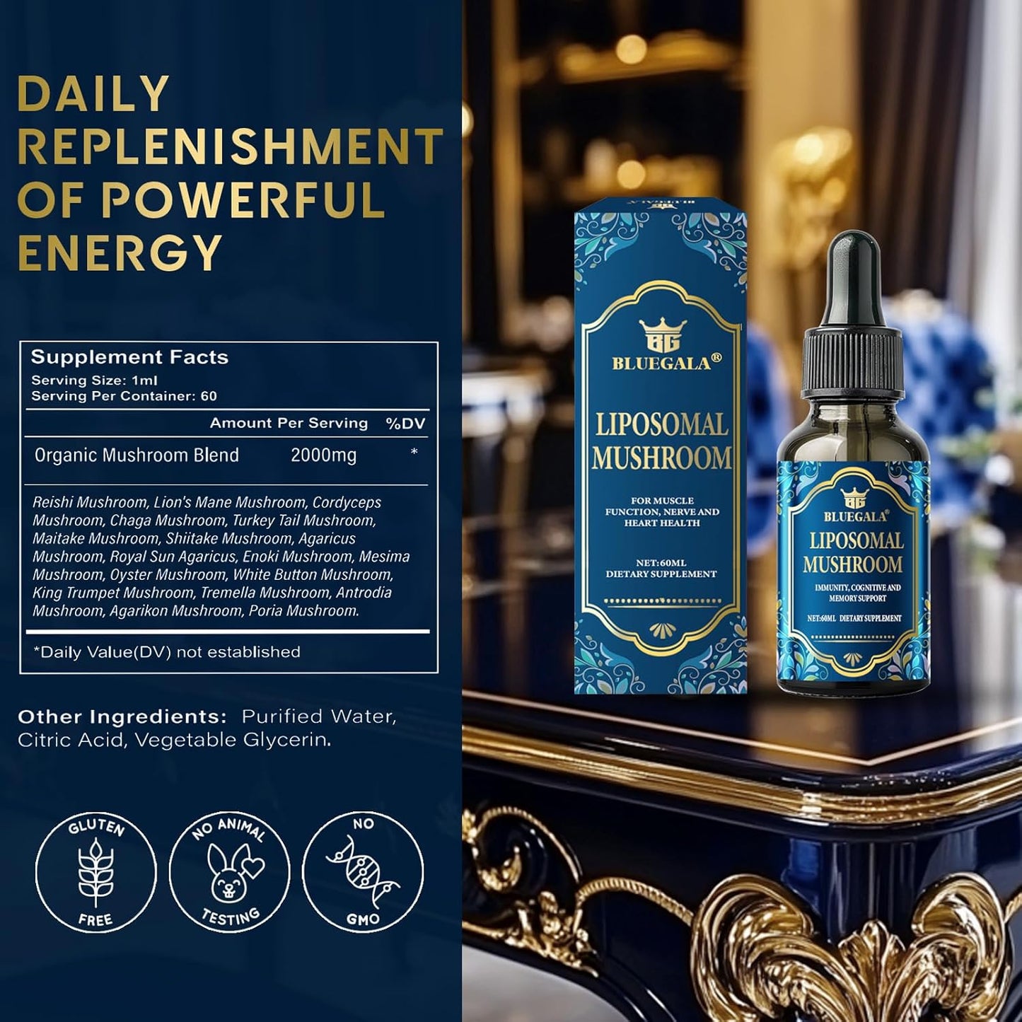 Organic Liposomal Mushroom Complex Drops for Memory, Focus & Cognition - Lion's Mane, Cordyceps, Reishi - 2.1 Fl Oz
