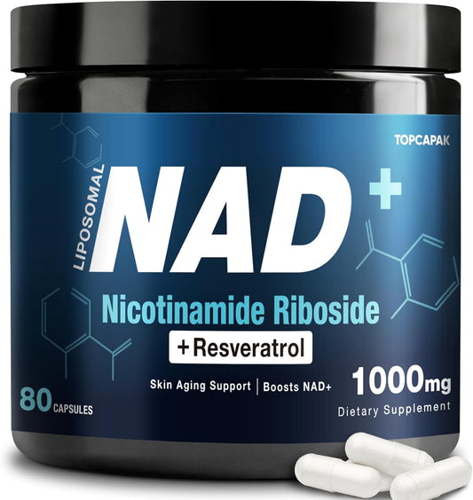 Organic Liposomal NAD+ Supplement 1000mg for Healthy Aging - NR and Resveratrol Blend for Brain and Cellular Energy, 80 Capsules