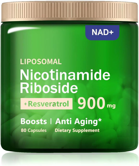 Organic Liposomal NAD+ Supplement with 900mg Nicotinamide Riboside, Resveratrol, Quercetin - Anti-Aging, Energy, Focus - 80 Capsules