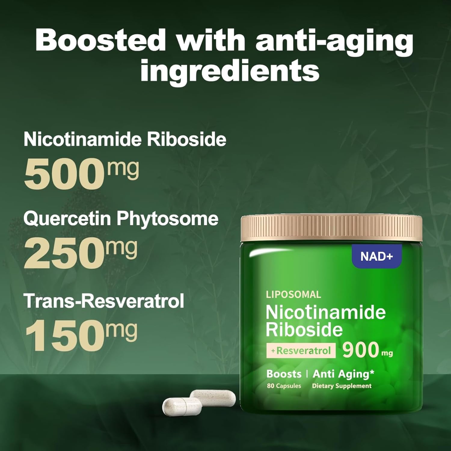 Organic Liposomal NAD+ Supplement with 900mg Nicotinamide Riboside, Resveratrol, Quercetin - Anti-Aging, Energy, Focus - 80 Capsules