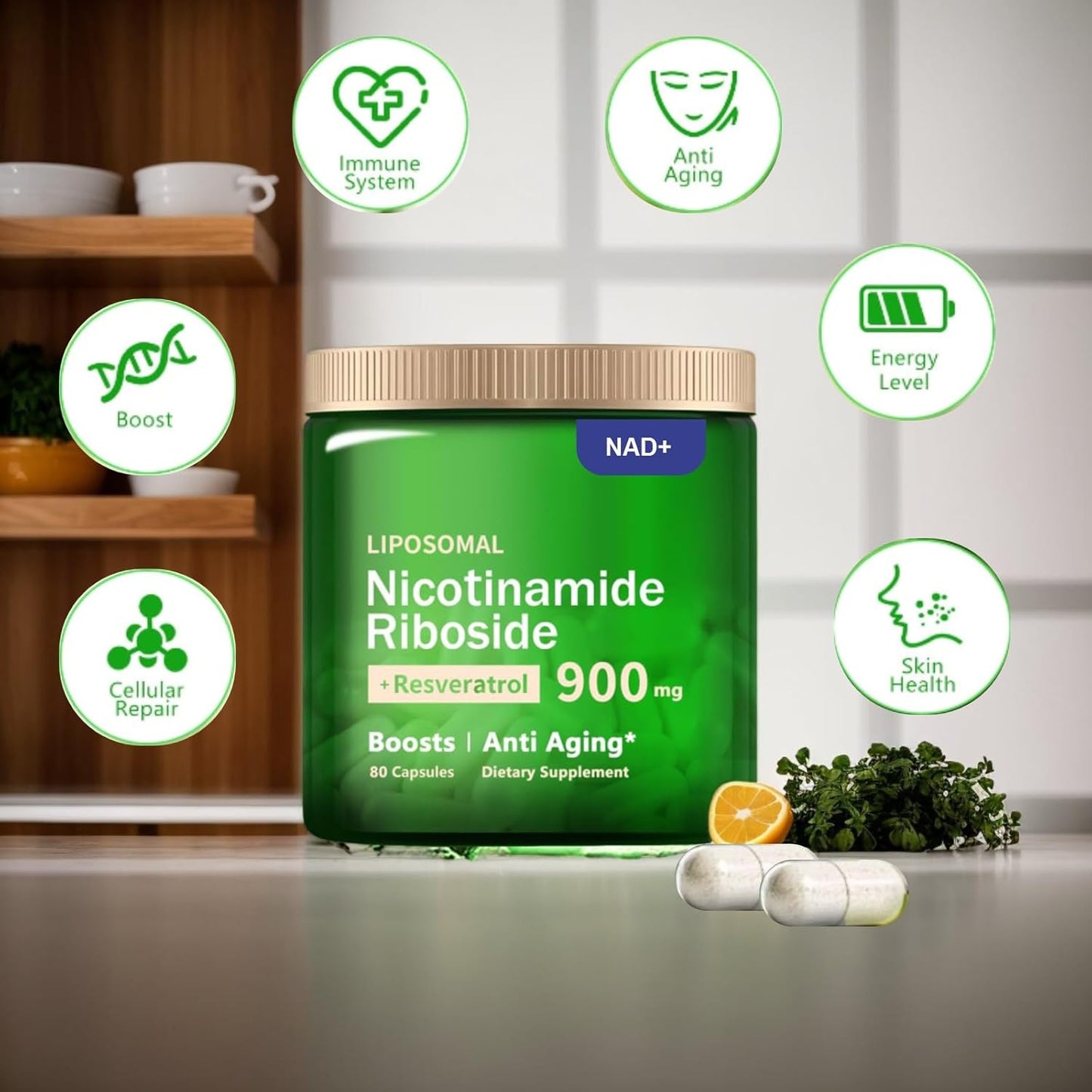 Organic Liposomal NAD+ Supplement with 900mg Nicotinamide Riboside, Resveratrol, Quercetin - Anti-Aging, Energy, Focus - 80 Capsules