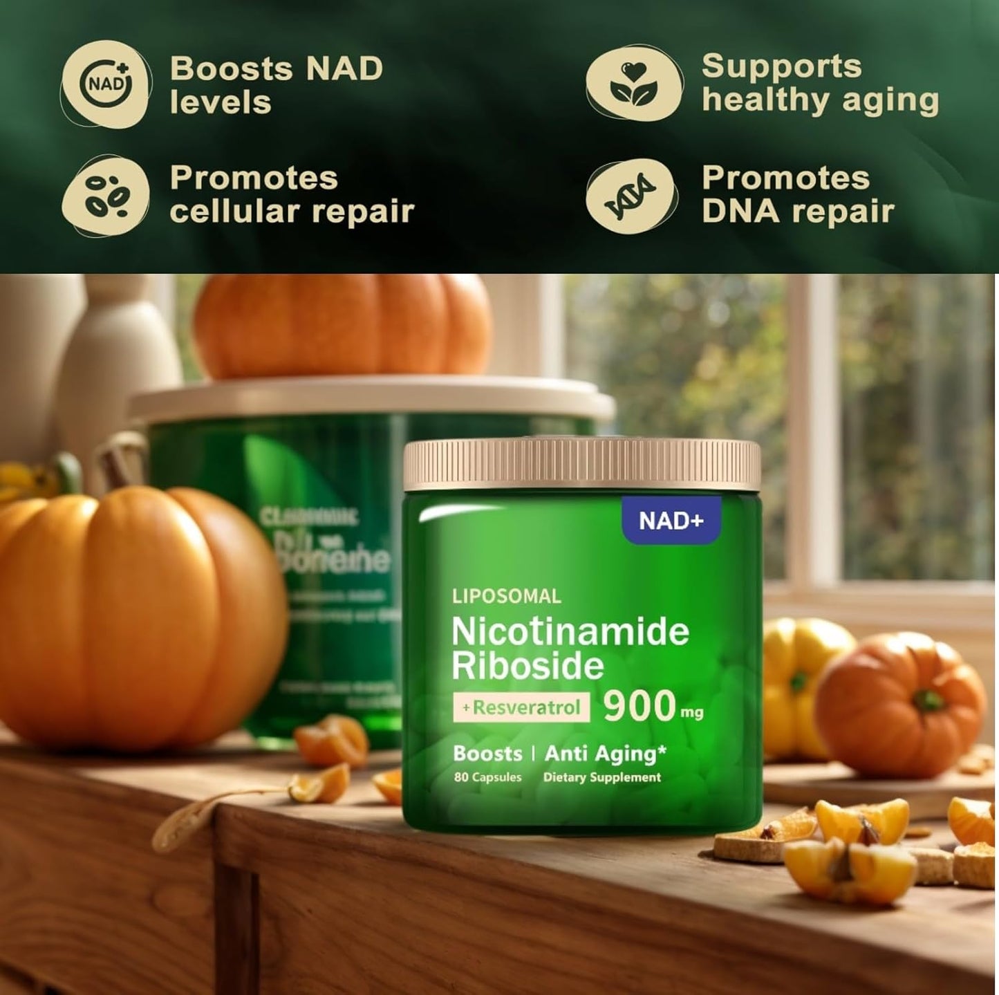 Organic Liposomal NAD+ Supplement with 900mg Nicotinamide Riboside, Resveratrol, Quercetin - Anti-Aging, Energy, Focus - 80 Capsules