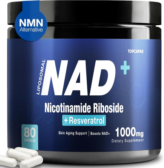 Organic Liposomal NAD+ Supplement with NR & Resveratrol - 1000mg, 80 Capsules for Healthy Aging and Brain Support