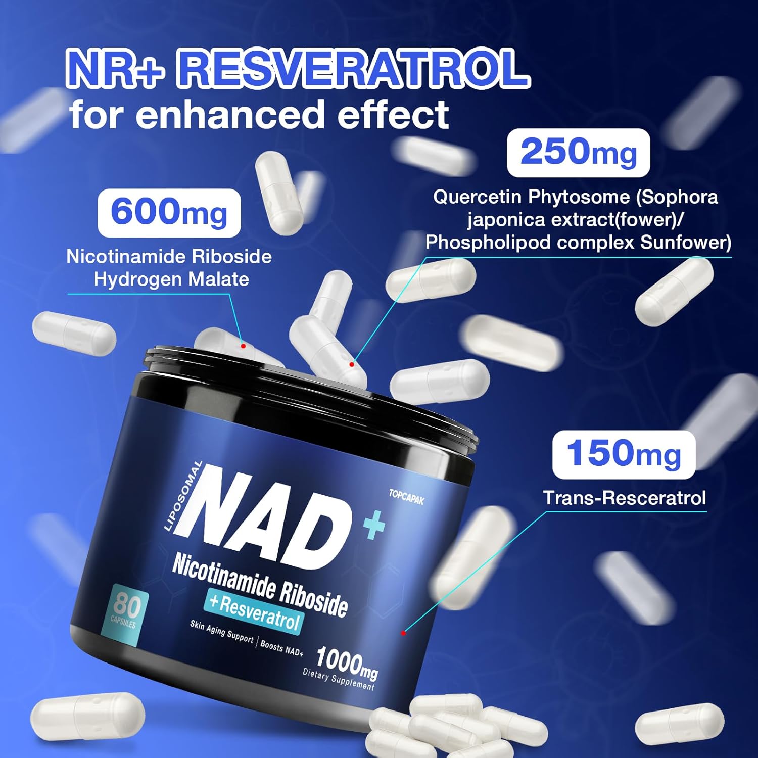 Organic Liposomal NAD+ Supplement with NR & Resveratrol - 1000mg, 80 Capsules for Healthy Aging and Brain Support