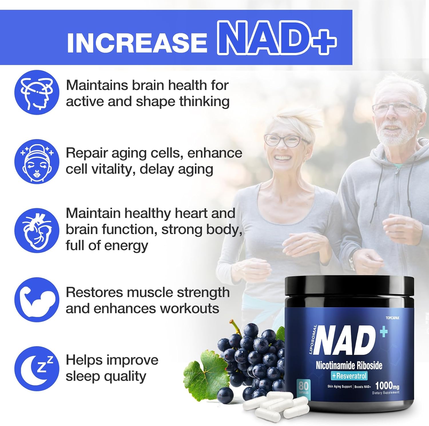 Organic Liposomal NAD+ Supplement with NR & Resveratrol - 1000mg, 80 Capsules for Healthy Aging and Brain Support