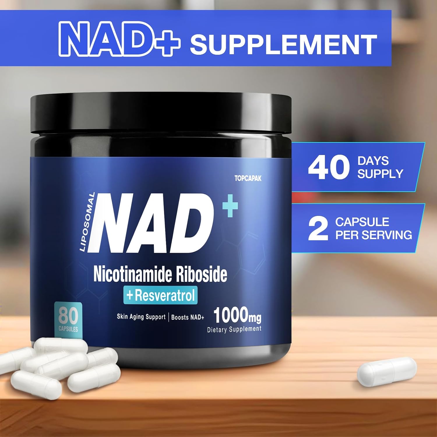 Organic Liposomal NAD+ Supplement with NR & Resveratrol - 1000mg, 80 Capsules for Healthy Aging and Brain Support