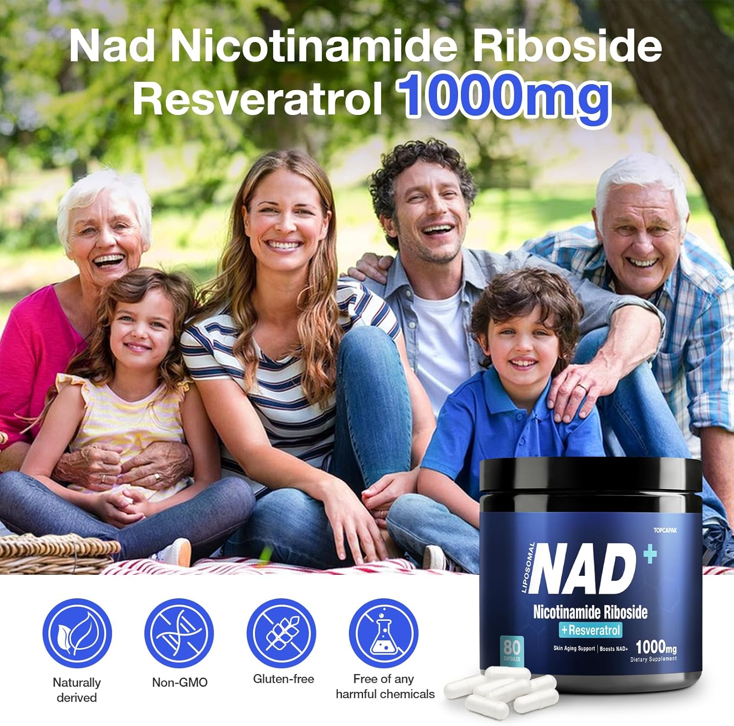 Organic Liposomal NAD+ Supplement with NR & Resveratrol - 1000mg, 80 Capsules for Healthy Aging and Brain Support