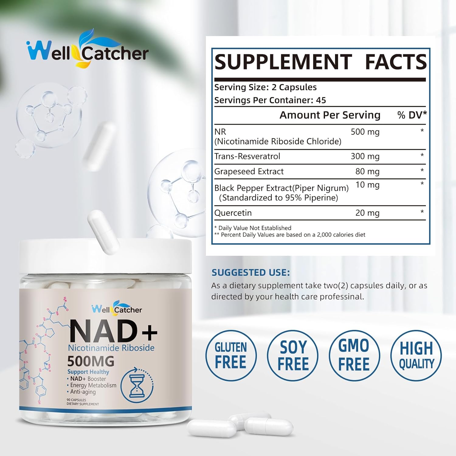Organic Liposomal NAD+ Supplement with Resveratrol & Quercetin - 500mg NR for Anti Aging & Brain Function - Vegan & Non GMO - 45 Day Supply