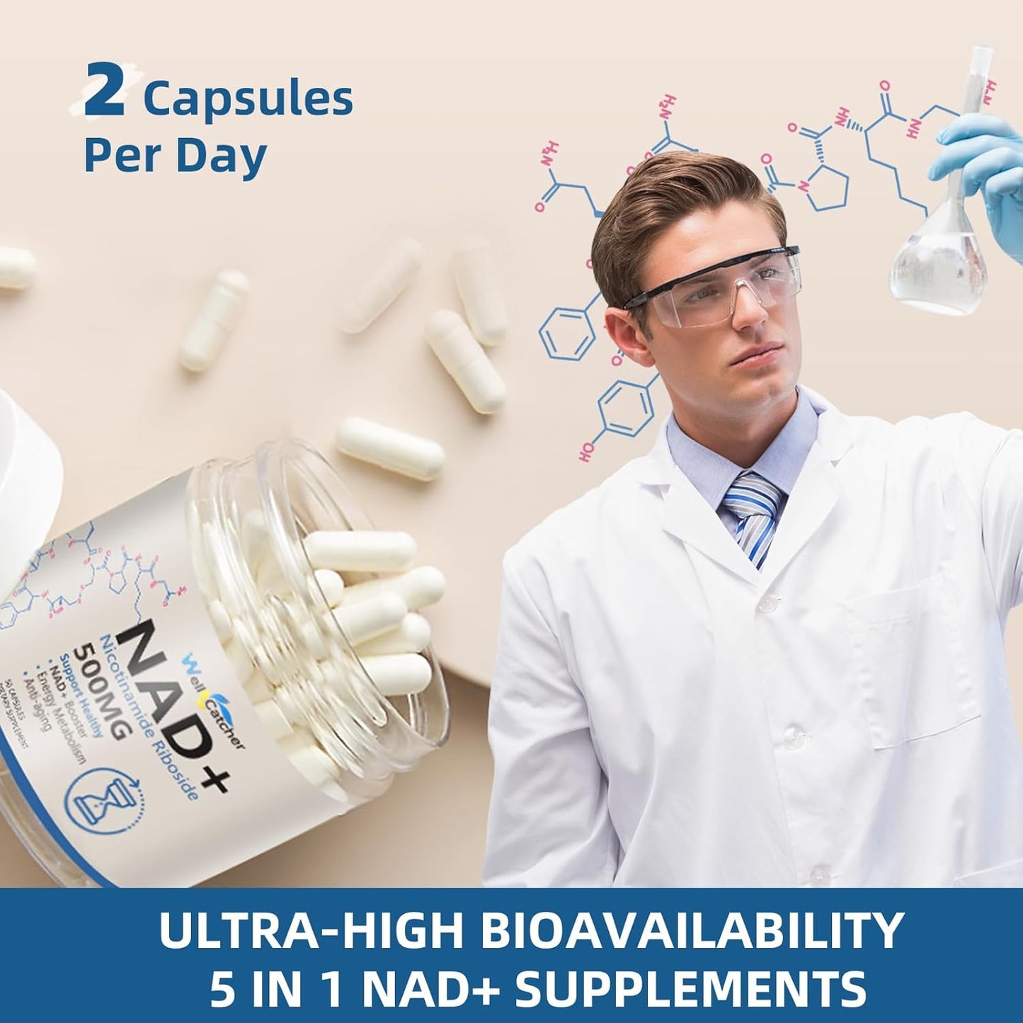 Organic Liposomal NAD+ Supplement with Resveratrol & Quercetin - 500mg NR for Anti Aging & Brain Function - Vegan & Non GMO - 45 Day Supply