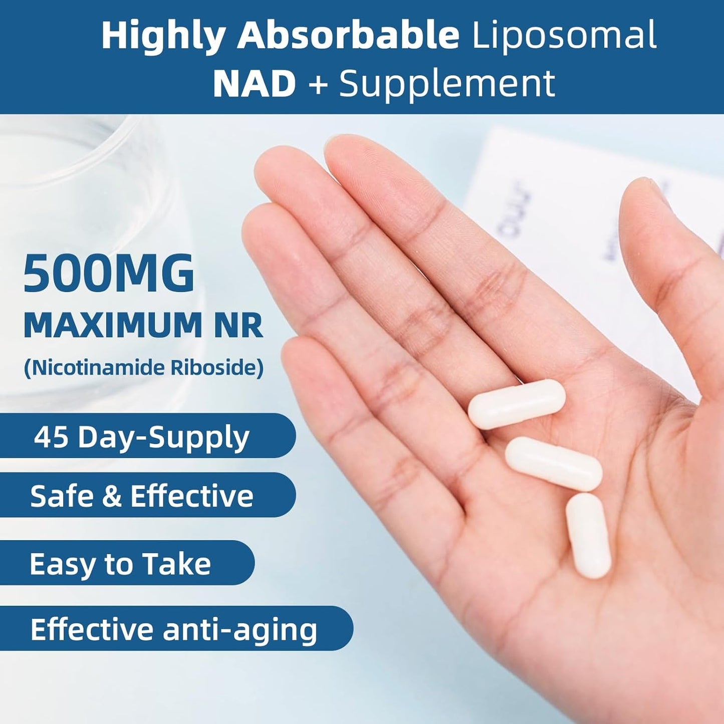 Organic Liposomal NAD+ Supplement with Resveratrol & Quercetin - 500mg NR for Anti Aging & Brain Function - Vegan & Non GMO - 45 Day Supply