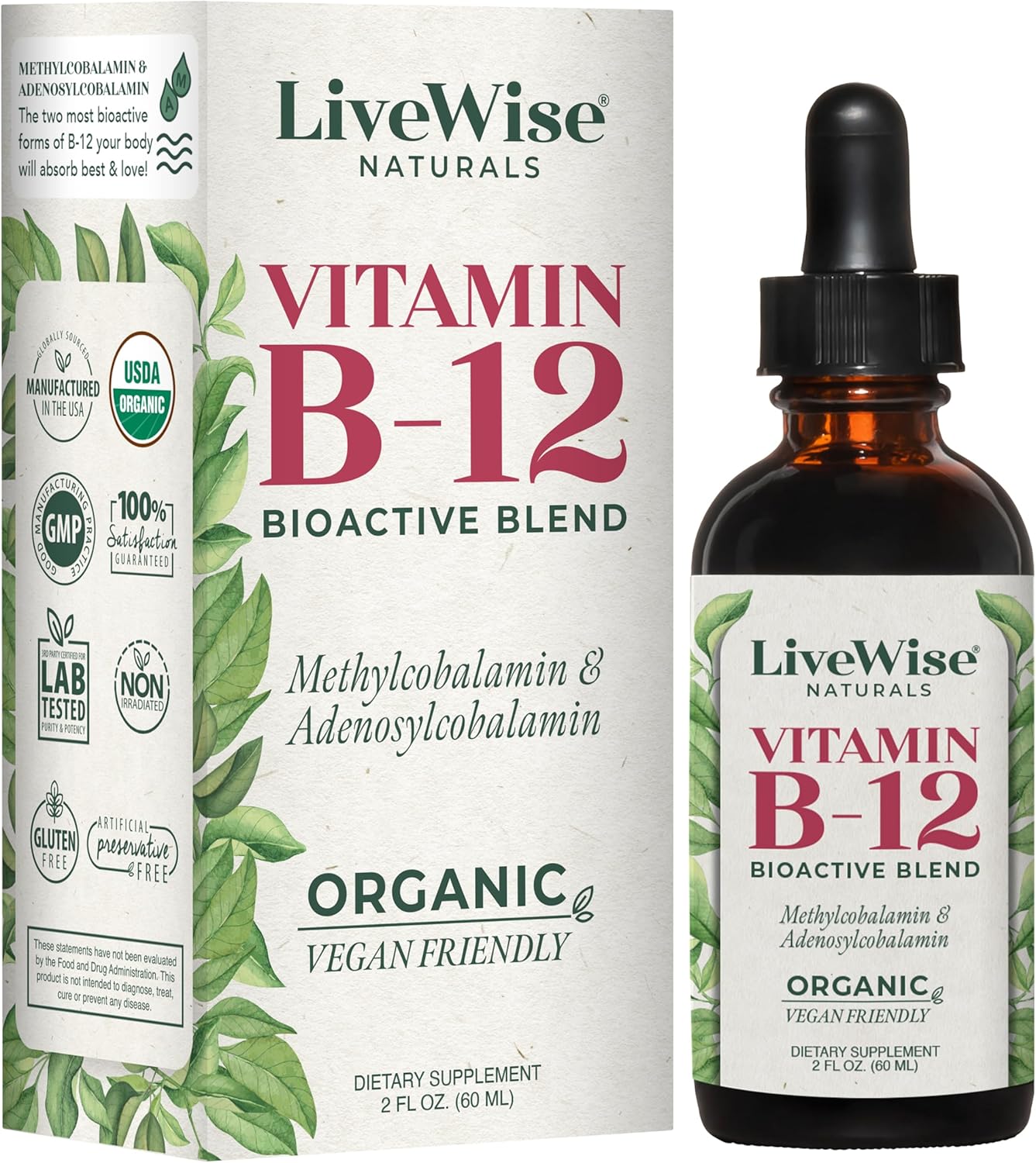 Organic Liquid B12 Vitamin Drops for Immune System, Metabolism, Energy & Focus - Vegan Non-GMO Methylcobalamin Adenosylcobalamin Supplement