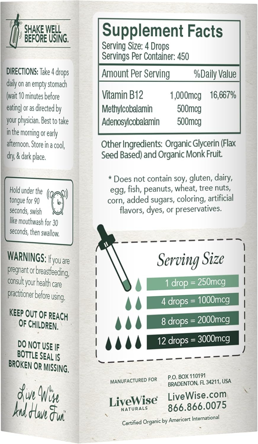 Organic Liquid B12 Vitamin Drops for Immune System, Metabolism, Energy & Focus - Vegan Non-GMO Methylcobalamin Adenosylcobalamin Supplement