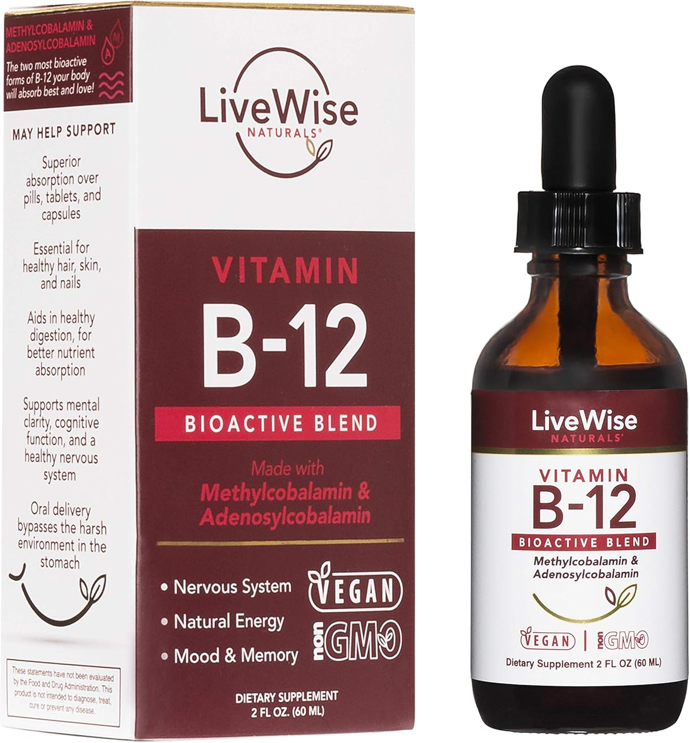 Organic Liquid B12 Vitamin Drops for Immune System, Metabolism, Energy & Focus - Vegan Non-GMO Methylcobalamin Adenosylcobalamin Supplement