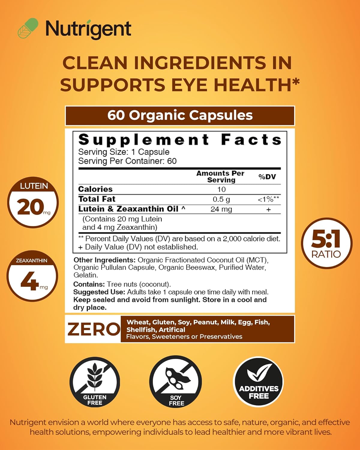 Organic Liquid-Filled Lutein 20mg Capsules with Zeaxanthin for Vision Health - Gluten & Soy-Free Eye Health Supplement (60ct)