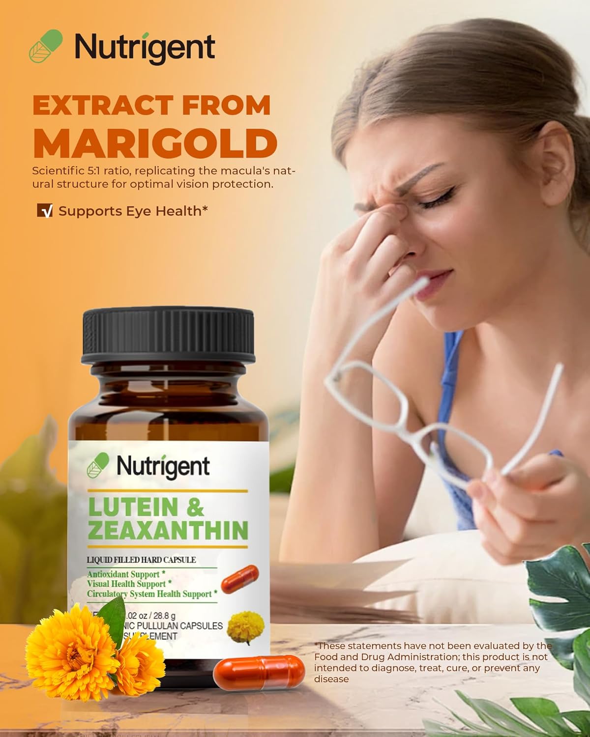 Organic Liquid-Filled Lutein 20mg Capsules with Zeaxanthin for Vision Health - Gluten & Soy-Free Eye Health Supplement (60ct)