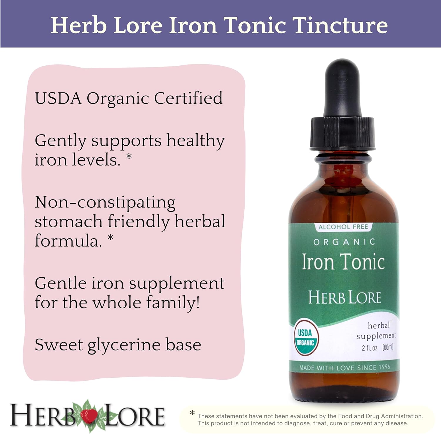 Organic Liquid Iron Drops Supplement for Kids & Women - Gentle Herbal Tincture (2 fl oz)