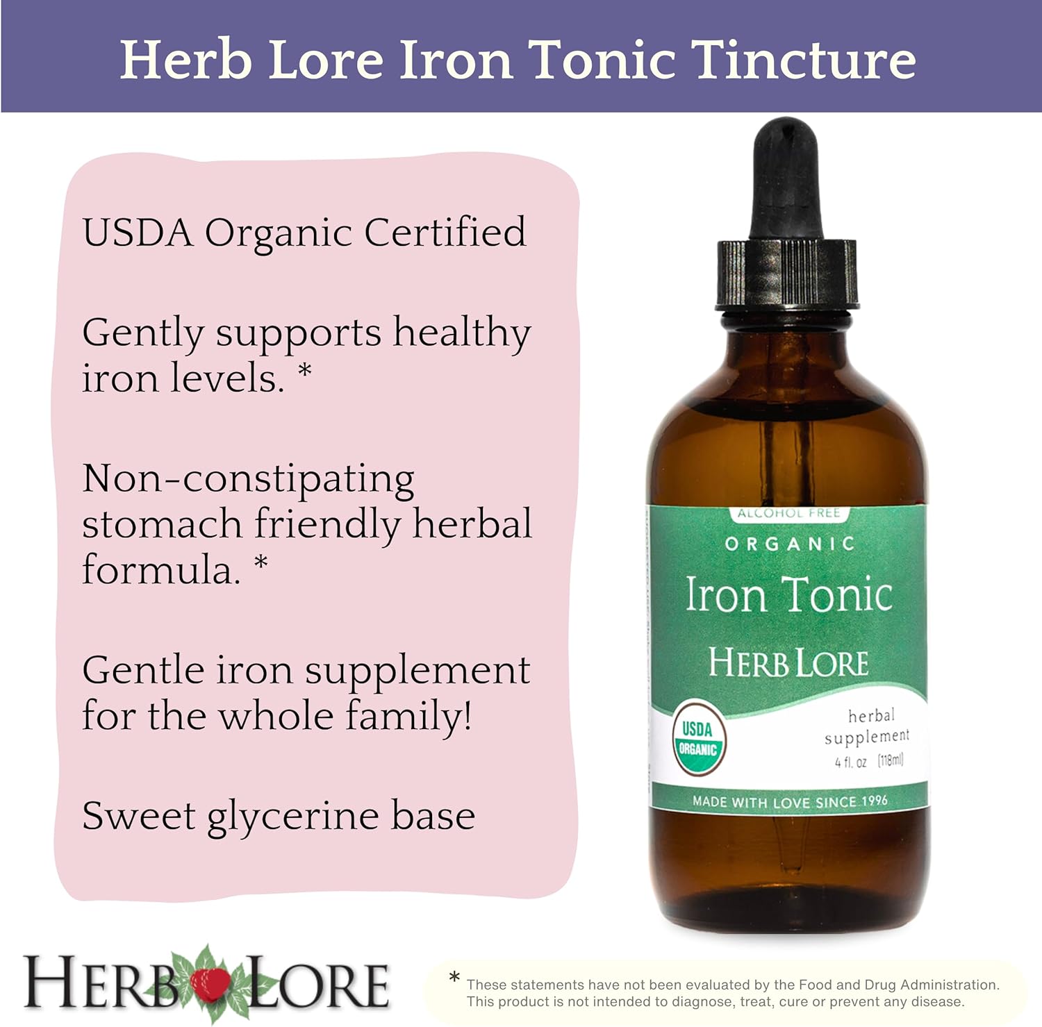 Organic Liquid Iron Drops Supplement for Kids & Women - Gentle Baby-Friendly Herb Lore Iron Tonic - Plant Based, Vegan, Non-Constipating Herbal Tincture (4 fl oz)