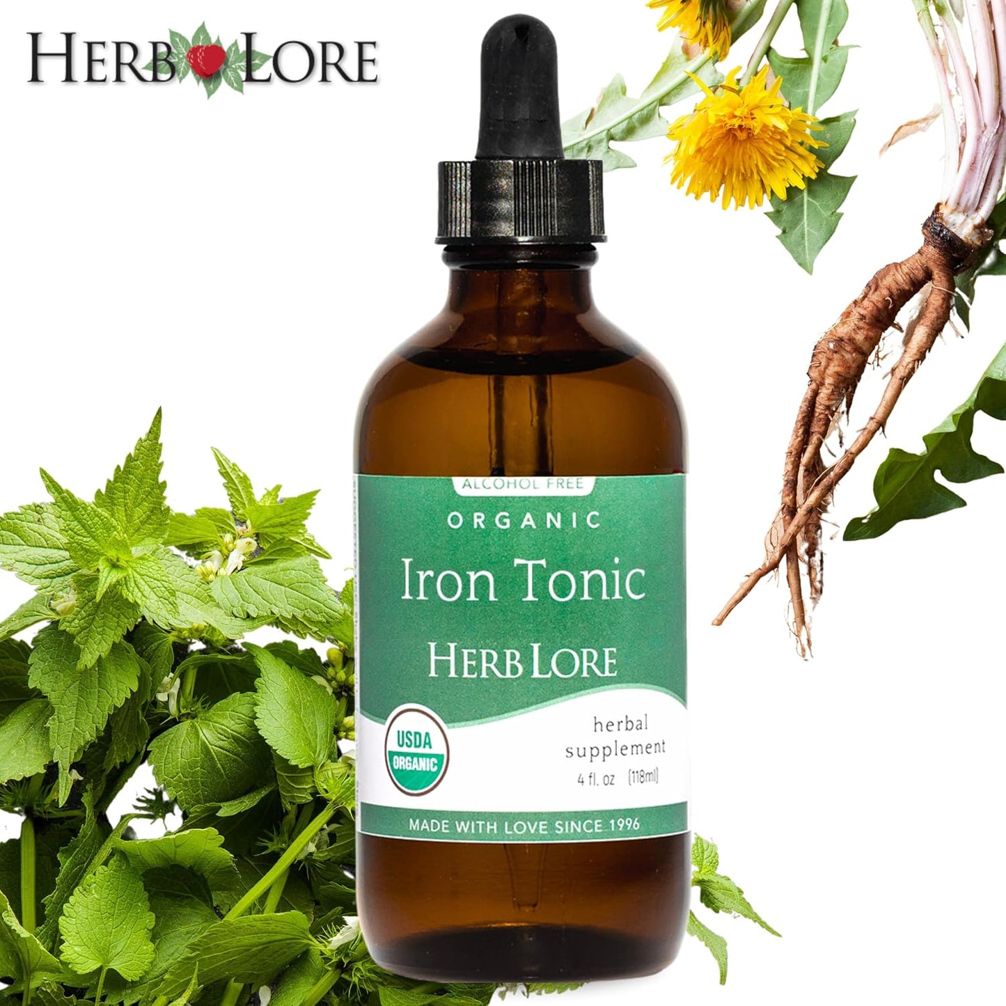Organic Liquid Iron Drops Supplement for Kids & Women - Gentle Baby-Friendly Herb Lore Iron Tonic - Plant Based, Vegan, Non-Constipating Herbal Tincture (4 fl oz)