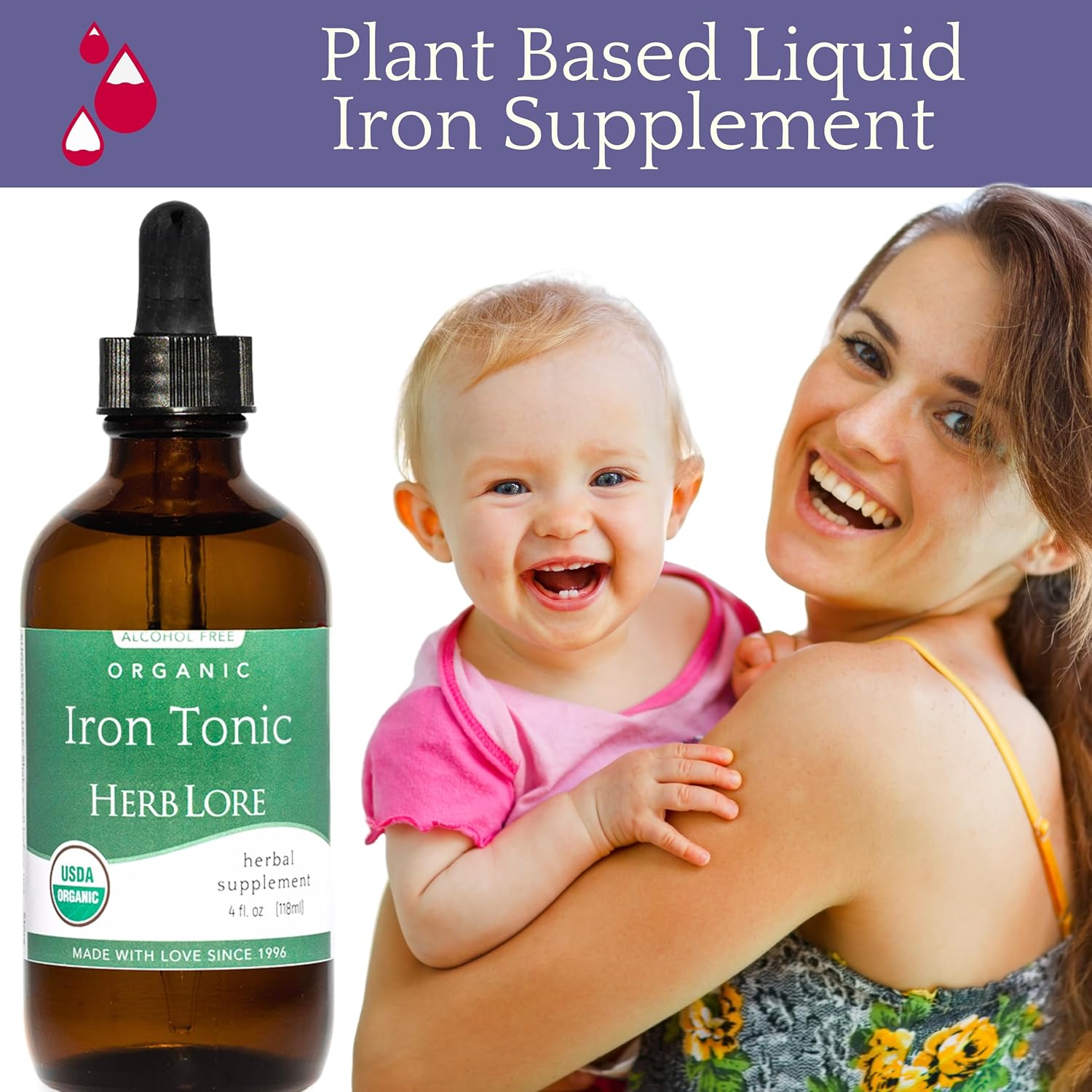 Organic Liquid Iron Drops Supplement for Kids & Women - Gentle Baby-Friendly Herb Lore Iron Tonic - Plant Based, Vegan, Non-Constipating Herbal Tincture (4 fl oz)