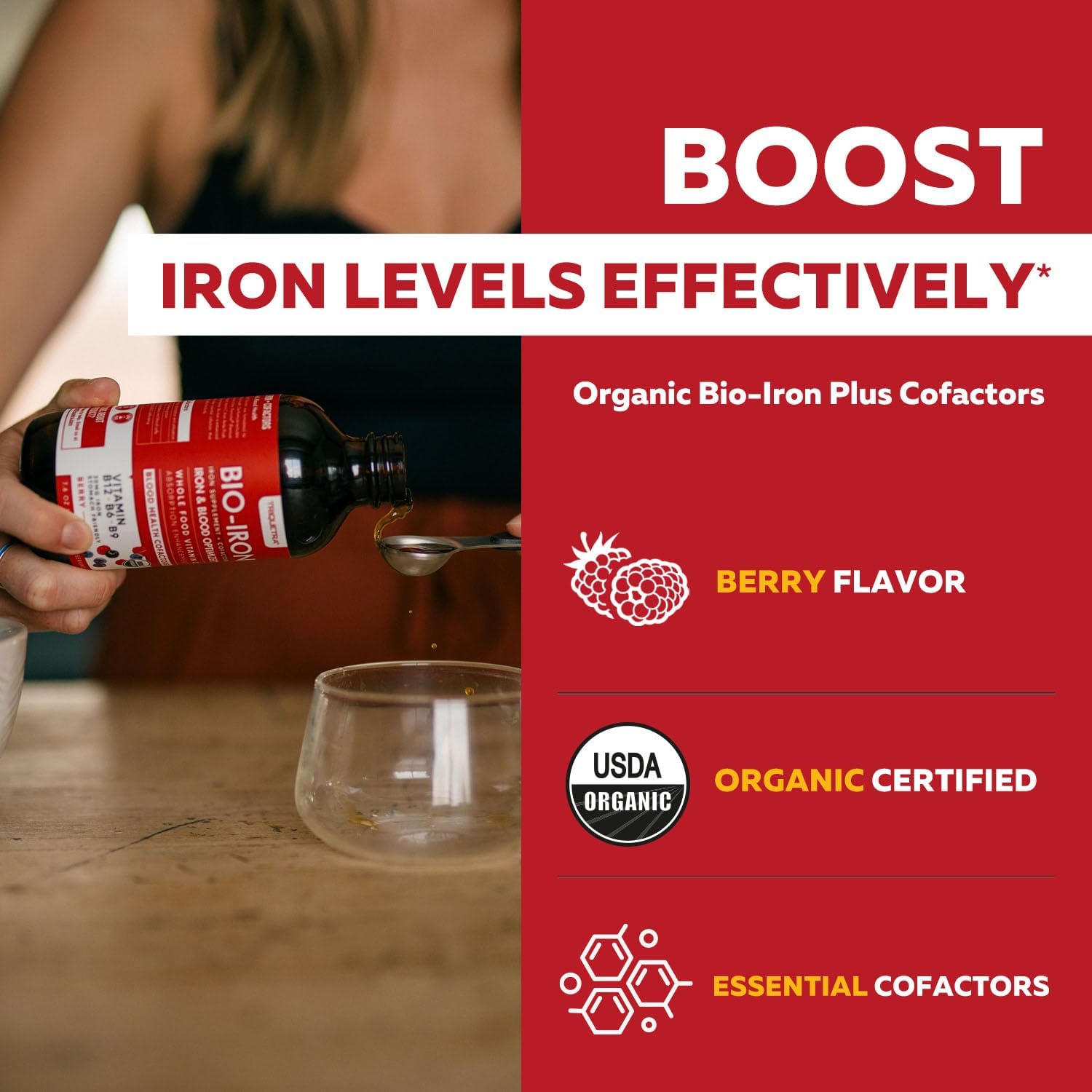 Organic Liquid Iron Supplement with Whole Food Vitamin C for Healthy Iron Levels - Berry Flavored - 7.6 oz