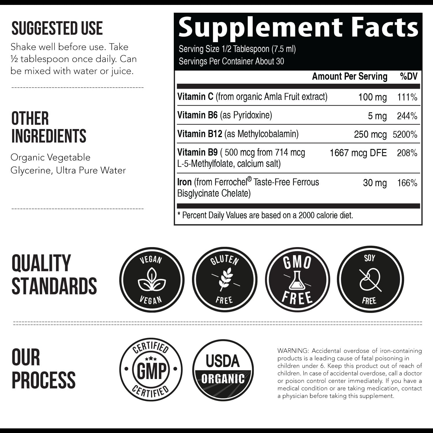 Organic Liquid Iron Supplement with Whole Food Vitamin C for Healthy Iron Levels - Berry Flavored - 7.6 oz