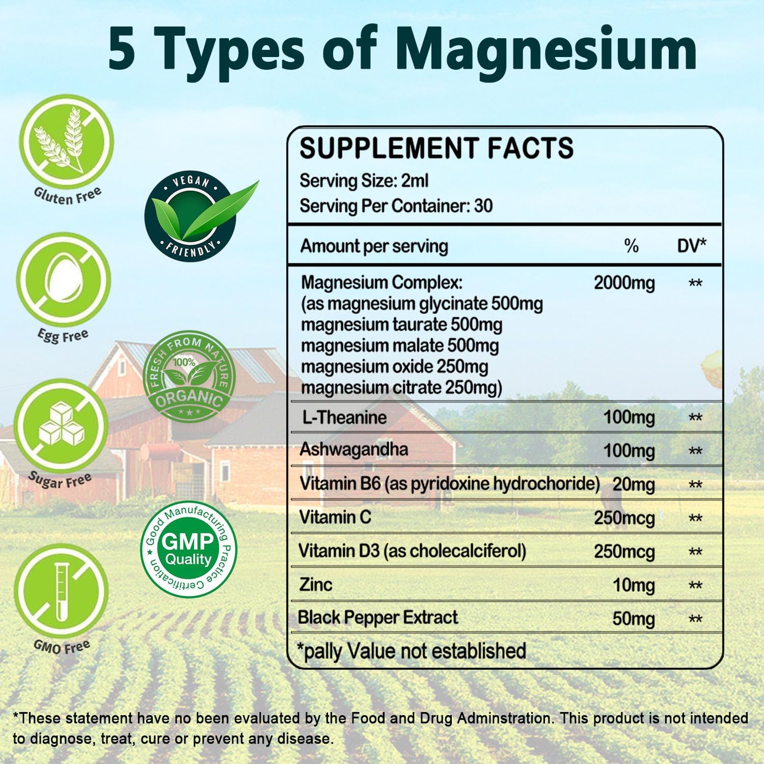 Organic Liquid Magnesium Supplement with L-Theanine and Ashwagandha for Sleep, Stress, and Nerve Health