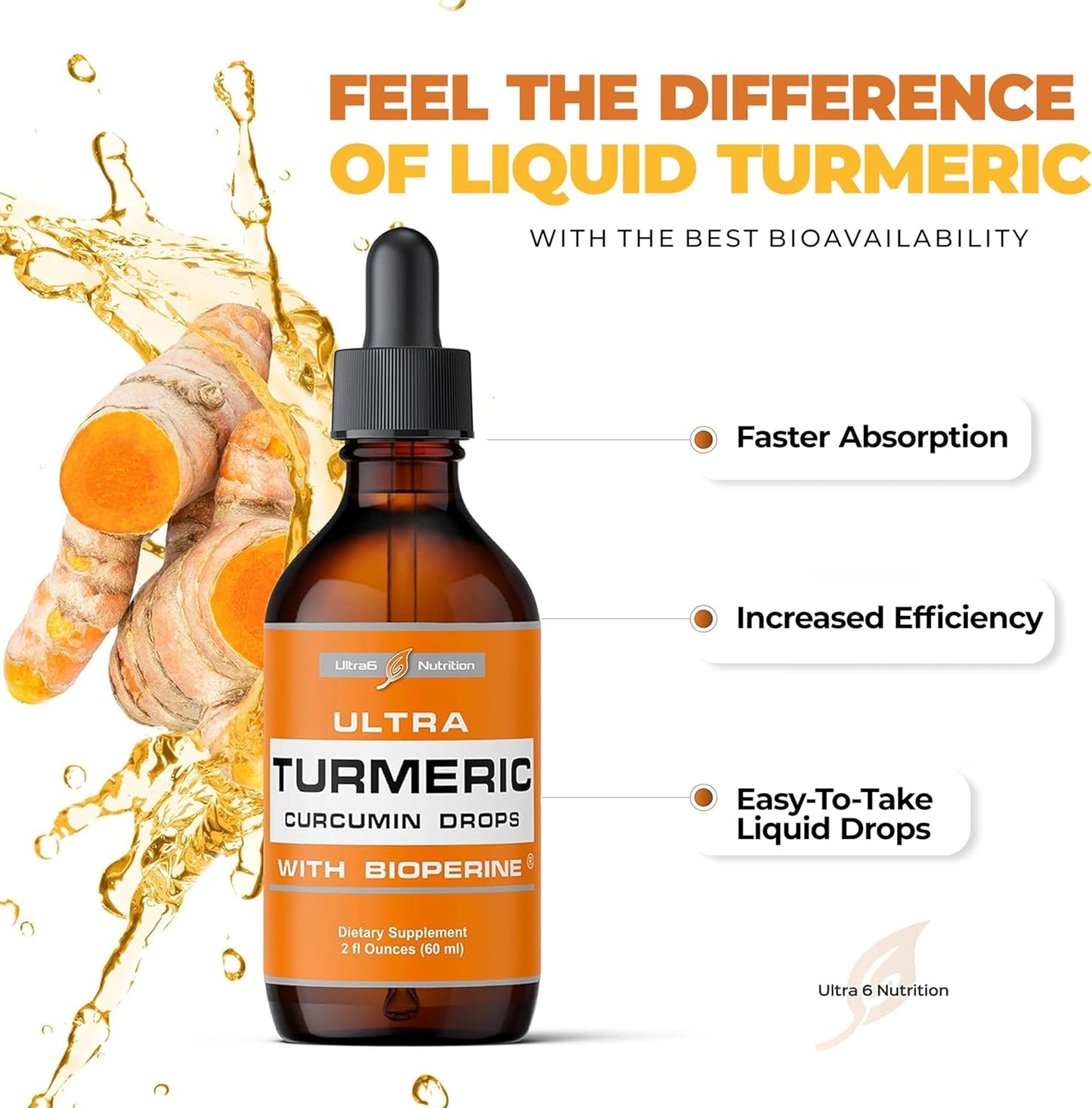 Organic Liquid Turmeric Curcumin Supplement with Bioperine - Joint Support Drops with Black Pepper for Maximum Absorption - 60ml Bottle - Made in USA