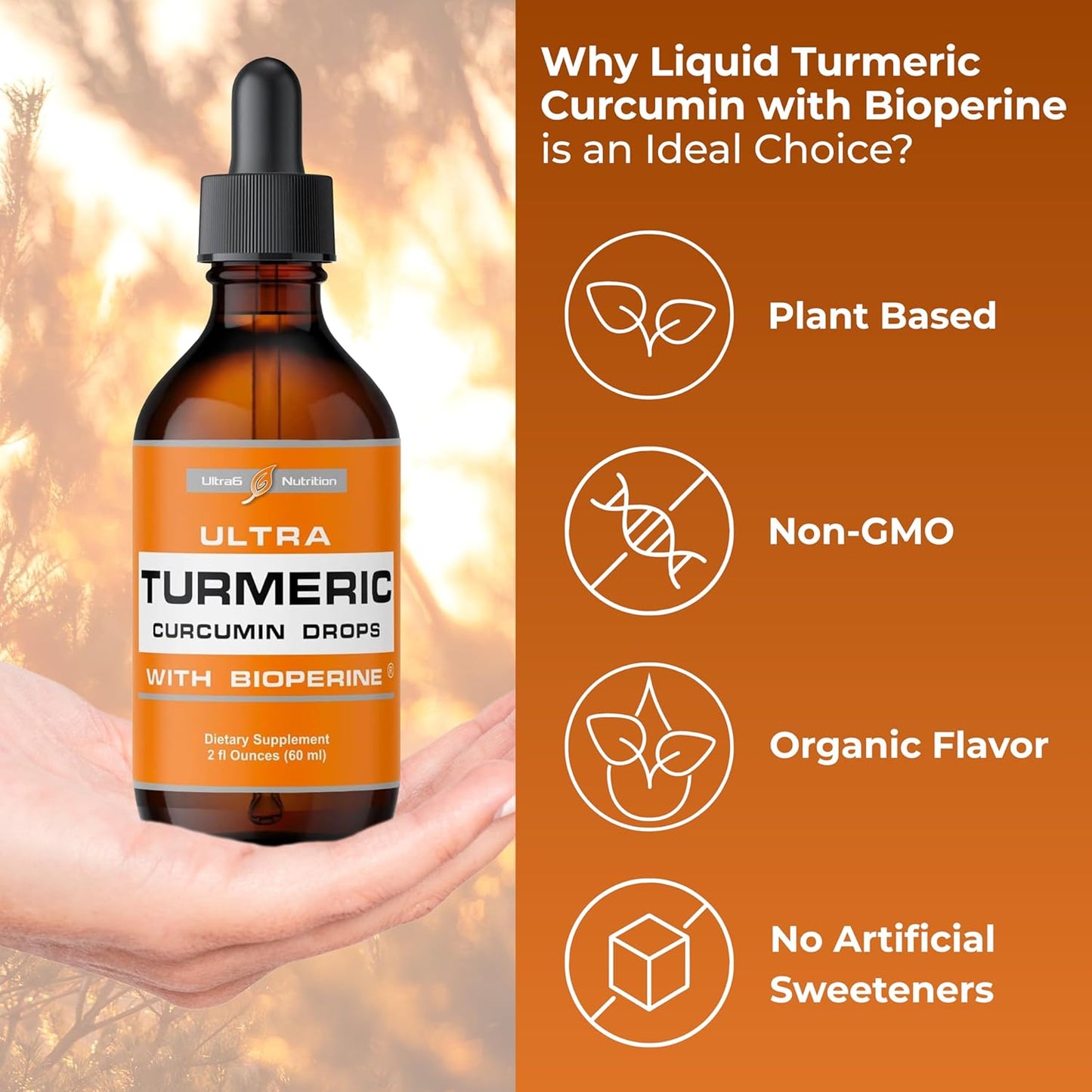 Organic Liquid Turmeric Curcumin Supplement with Bioperine - Joint Support Drops with Black Pepper for Maximum Absorption - 60ml Bottle - Made in USA