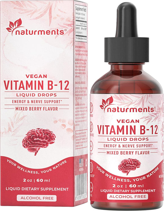 Organic Liquid Vitamin B12 Drops for Energy & Nerve Support - 5000 mcg, Vegan, Non-GMO, Alcohol and Sugar Free - 2 Fl Oz