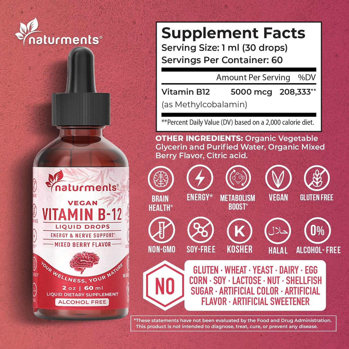 Organic Liquid Vitamin B12 Drops for Energy & Nerve Support - 5000 mcg, Vegan, Non-GMO, Alcohol and Sugar Free - 2 Fl Oz