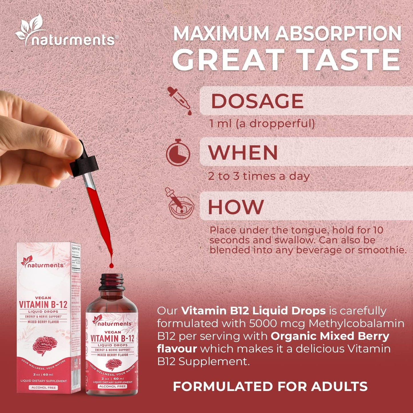 Organic Liquid Vitamin B12 Drops for Energy & Nerve Support - 5000 mcg, Vegan, Non-GMO, Alcohol and Sugar Free - 2 Fl Oz