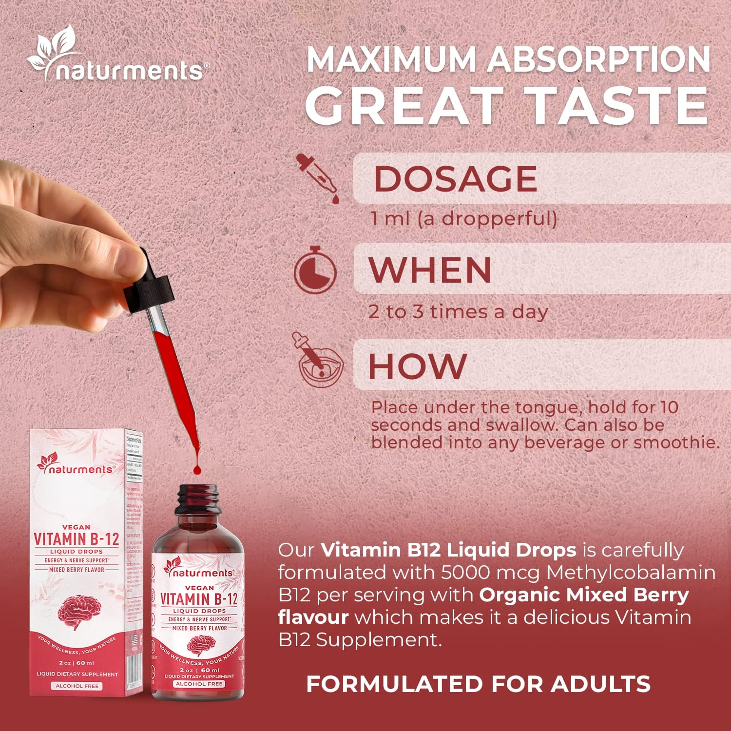Organic Liquid Vitamin B12 Drops for Energy & Nerve Support - 5000 mcg, Vegan, Non-GMO, Alcohol and Sugar Free - 2 Fl Oz