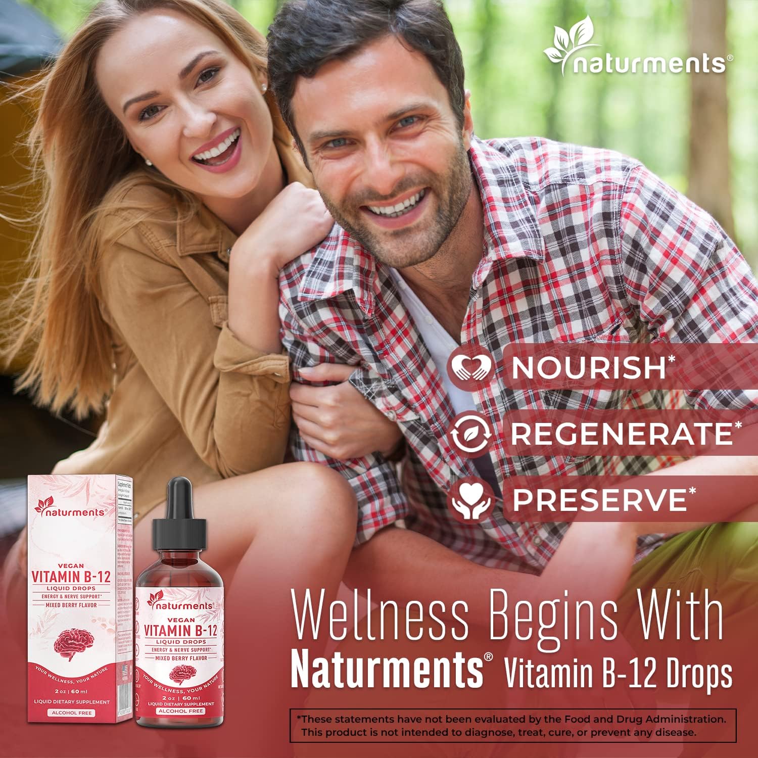 Organic Liquid Vitamin B12 Drops for Energy & Nerve Support - 5000 mcg, Vegan, Non-GMO, Alcohol and Sugar Free - 2 Fl Oz