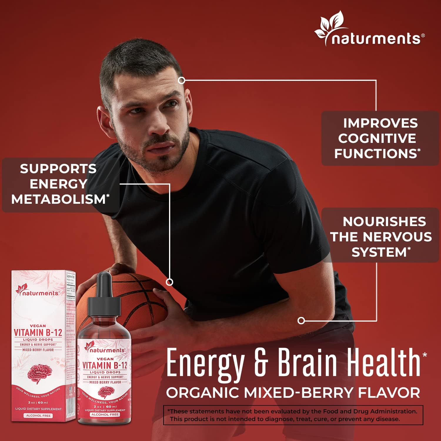 Organic Liquid Vitamin B12 Drops for Energy & Nerve Support - 5000 mcg, Vegan, Non-GMO, Alcohol and Sugar Free - 2 Fl Oz