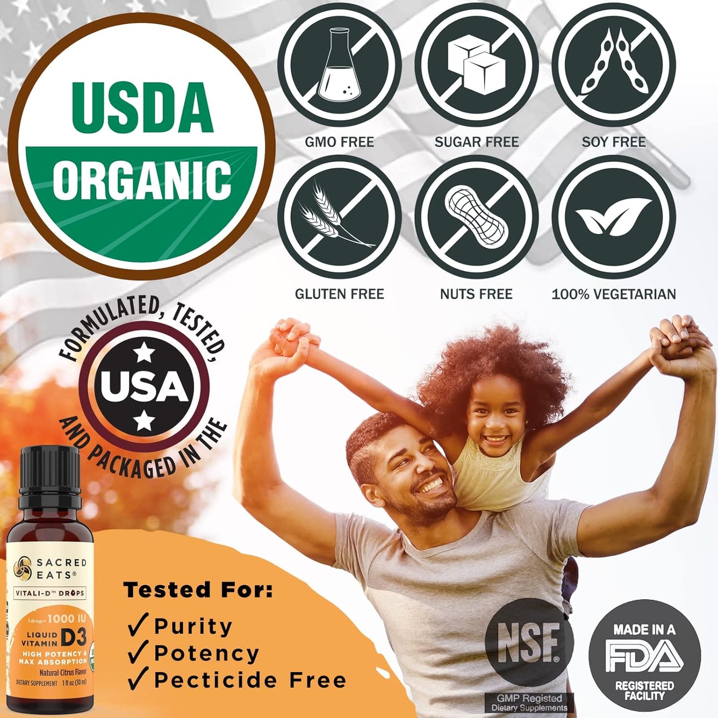 Organic Liquid Vitamin D Drops in Coconut MCT Oil - 1,000 IU/Drop, Sugar-Free, Great Taste - Max Absorption VIT D3 Supplement for Kids & Adults