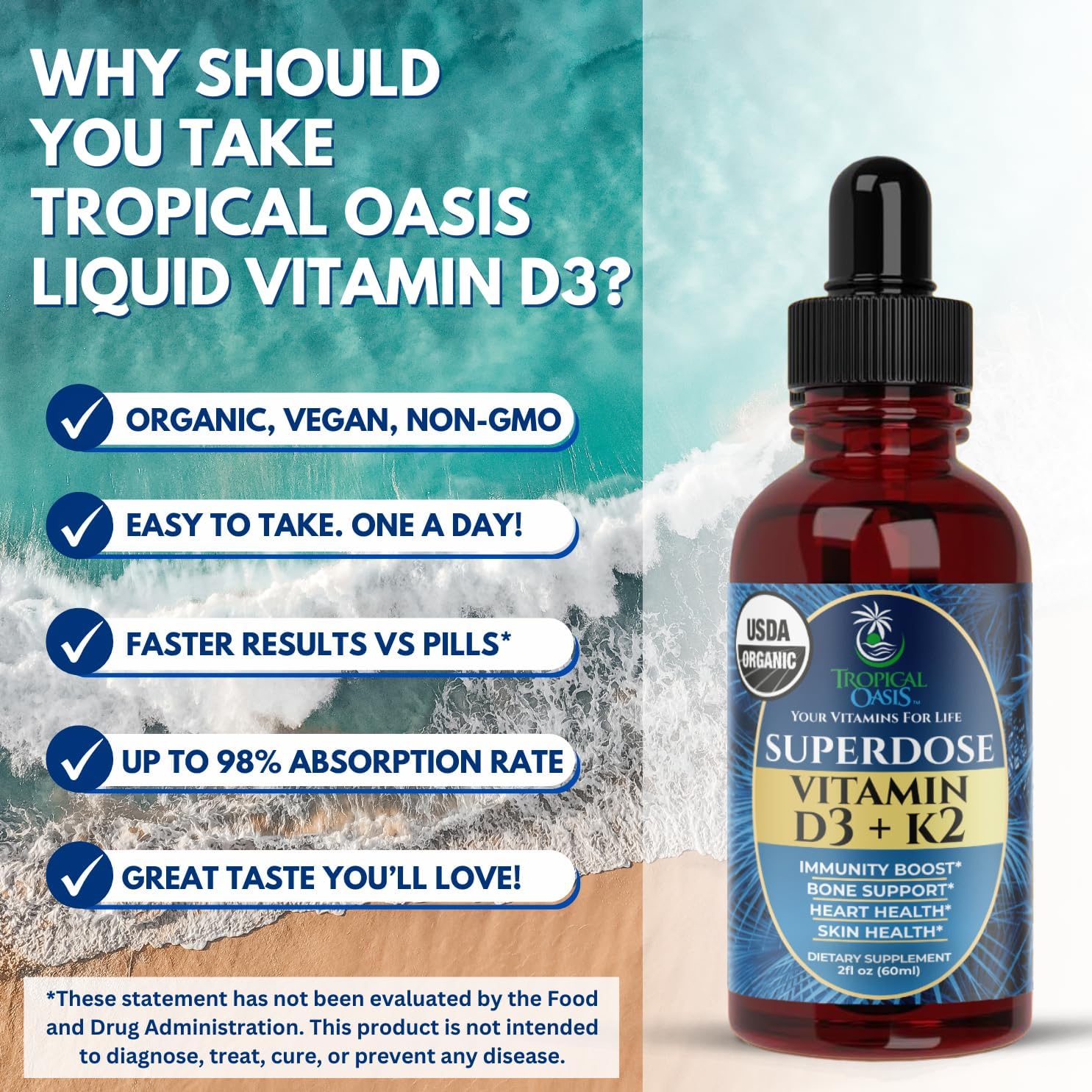 Organic Liquid Vitamin D3 K2 Drops for Adults | High-Potency 8000IU Vitamin D3 | Immune & Bone Health Supplement | 60 Servings | Vegan, Non-GMO | 2 Fl Oz Bottle