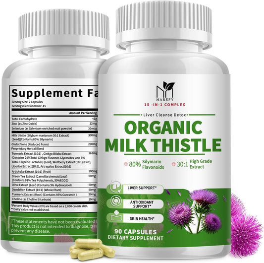 Organic Liver Cleanse Detox with Milk Thistle, Artichoke, Dandelion & Glutathione - Antioxidant Support, Non-GMO - 90 Capsules