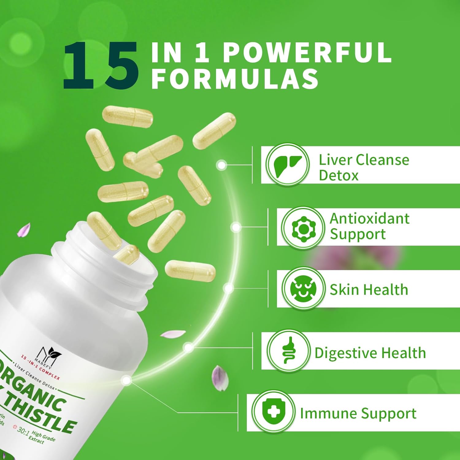 Organic Liver Cleanse Detox with Milk Thistle, Artichoke, Dandelion & Glutathione - Antioxidant Support, Non-GMO - 90 Capsules