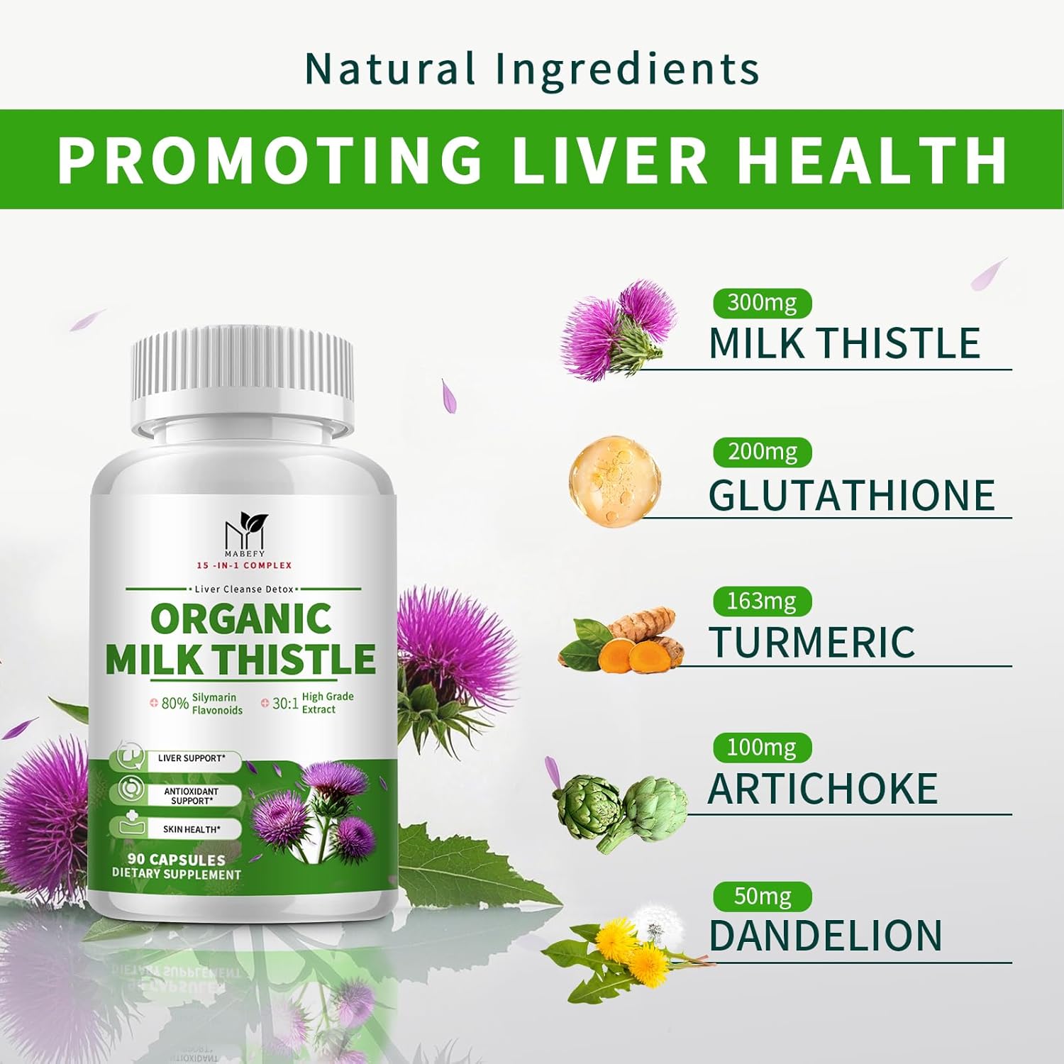 Organic Liver Cleanse Detox with Milk Thistle, Artichoke, Dandelion & Glutathione - Antioxidant Support, Non-GMO - 90 Capsules