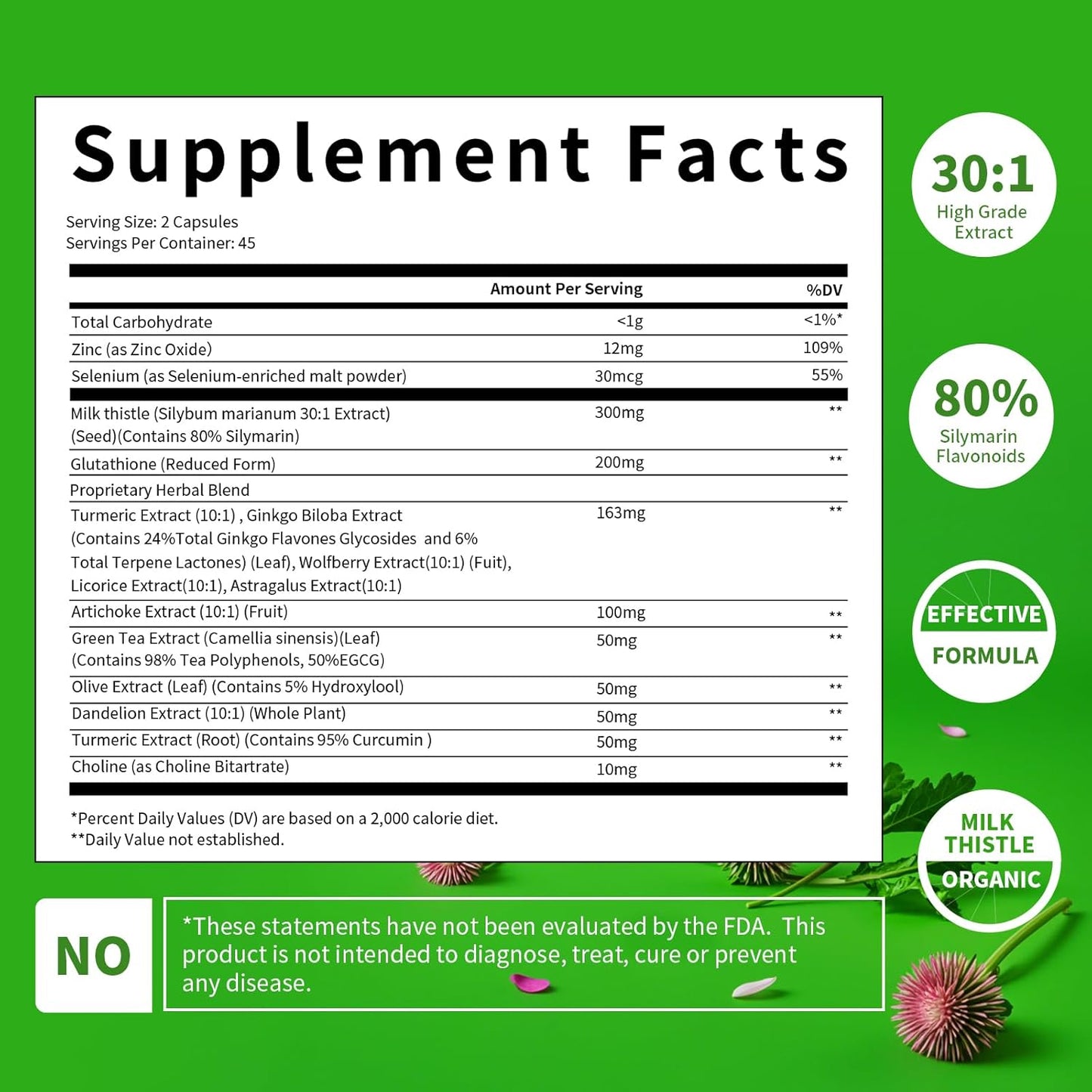 Organic Liver Cleanse Detox with Milk Thistle, Artichoke, Dandelion & Glutathione - Antioxidant Support, Non-GMO - 90 Capsules