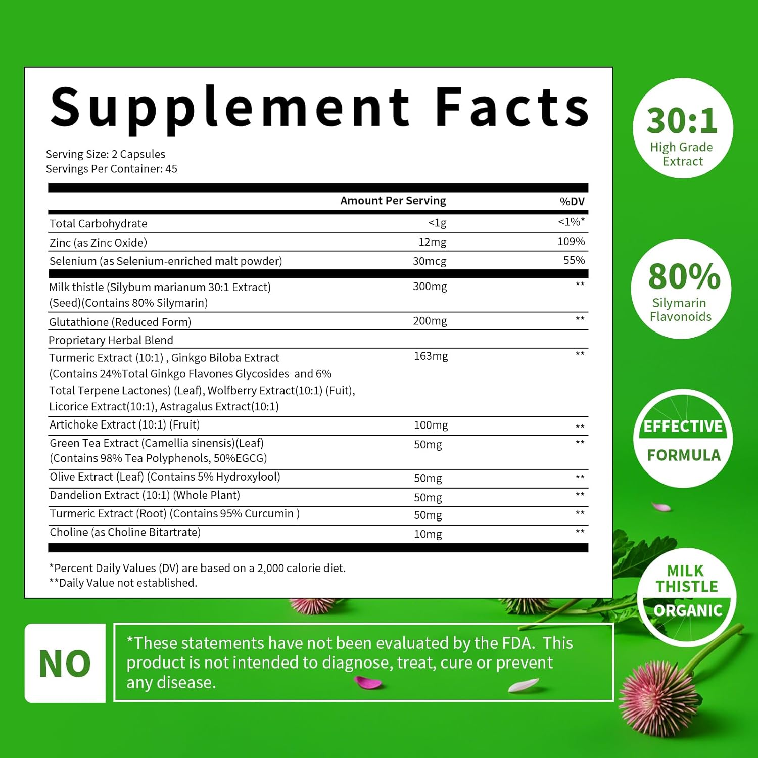 Organic Liver Cleanse Detox with Milk Thistle, Artichoke, Dandelion & Glutathione - Antioxidant Support, Non-GMO - 90 Capsules