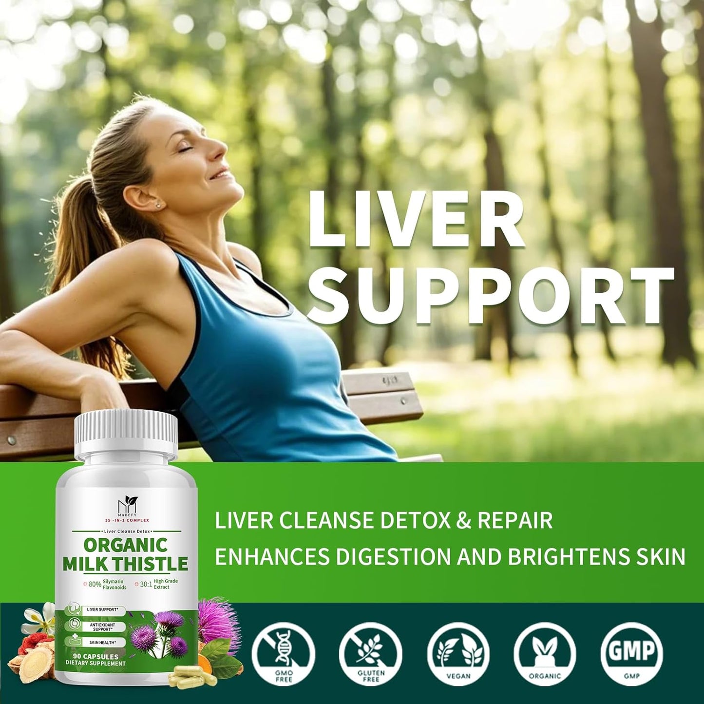 Organic Liver Cleanse Detox with Milk Thistle, Artichoke, Dandelion & Glutathione - Antioxidant Support, Non-GMO - 90 Capsules