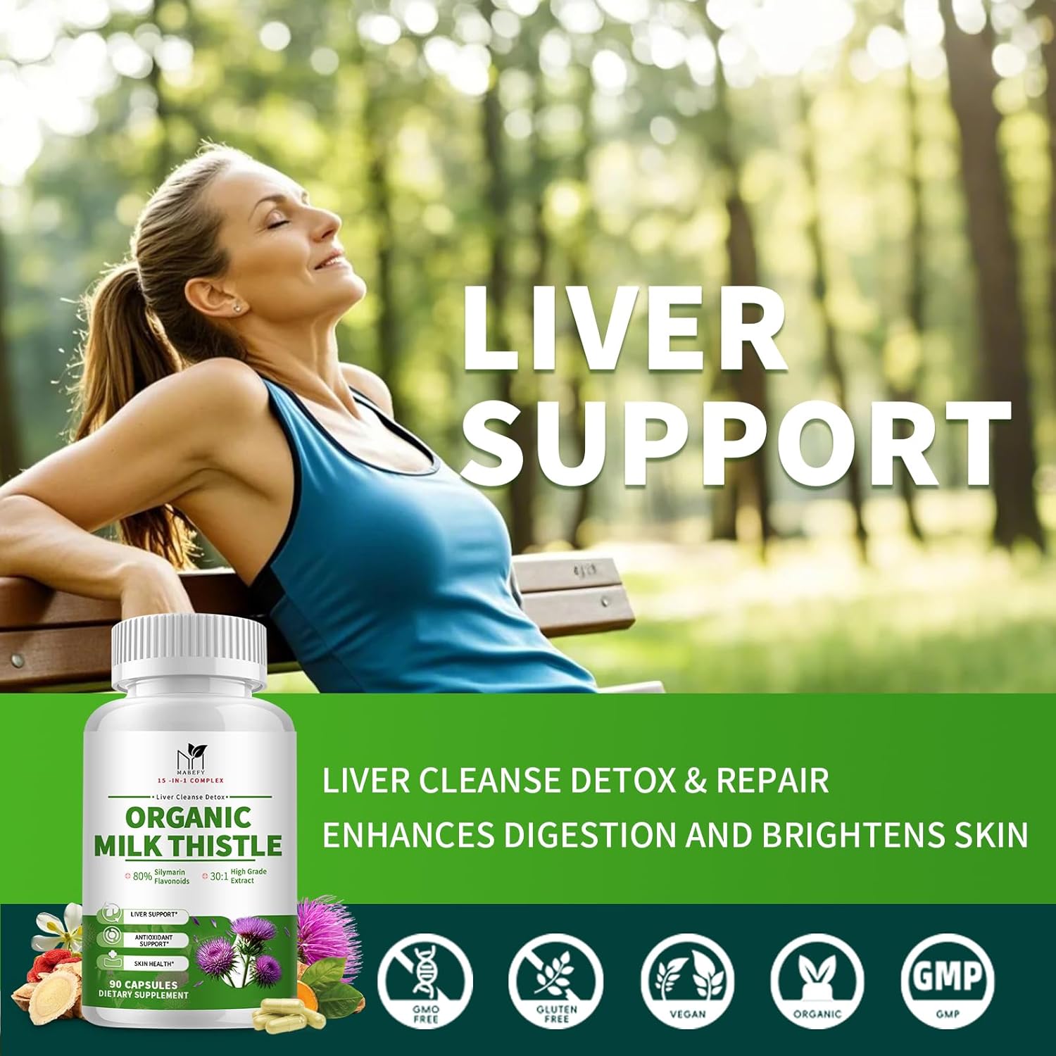 Organic Liver Cleanse Detox with Milk Thistle, Artichoke, Dandelion & Glutathione - Antioxidant Support, Non-GMO - 90 Capsules