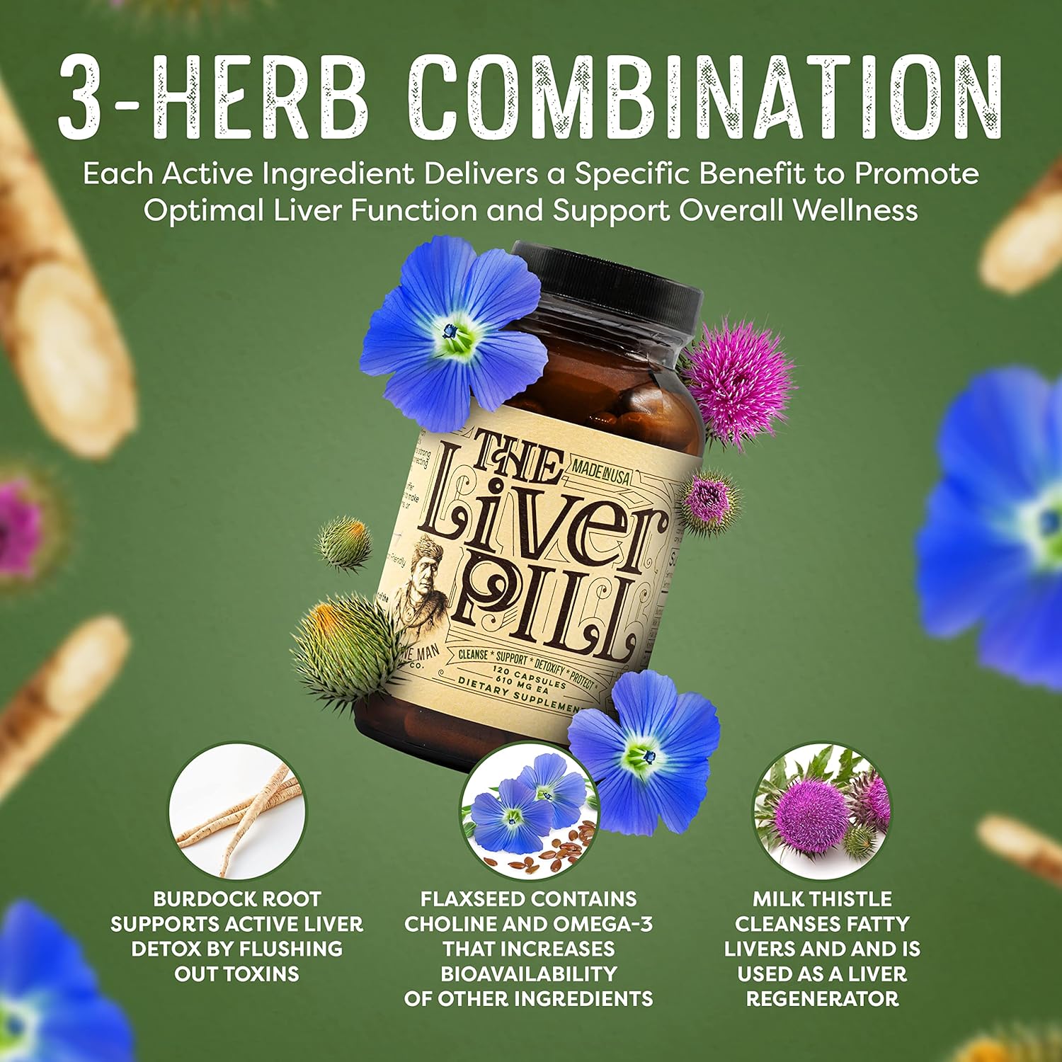 Organic Liver Detox Pills - Herbal Cleanse & Repair Capsules with Burdock Root, Milk Thistle, Rosemary, and Flax Seed - Non-GMO Formula for Men and Women - 120 Capsules by Medicine Man Plant Co