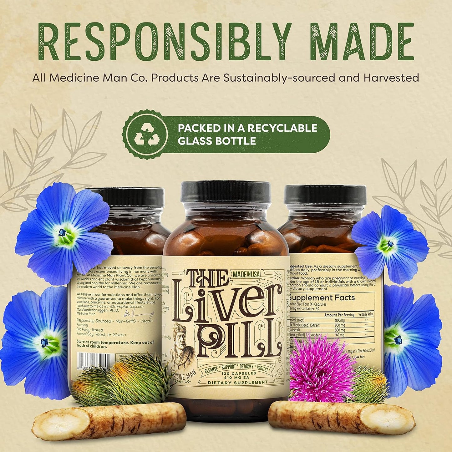Organic Liver Detox Pills - Herbal Cleanse & Repair Capsules with Burdock Root, Milk Thistle, Rosemary, and Flax Seed - Non-GMO Formula for Men and Women - 120 Capsules by Medicine Man Plant Co