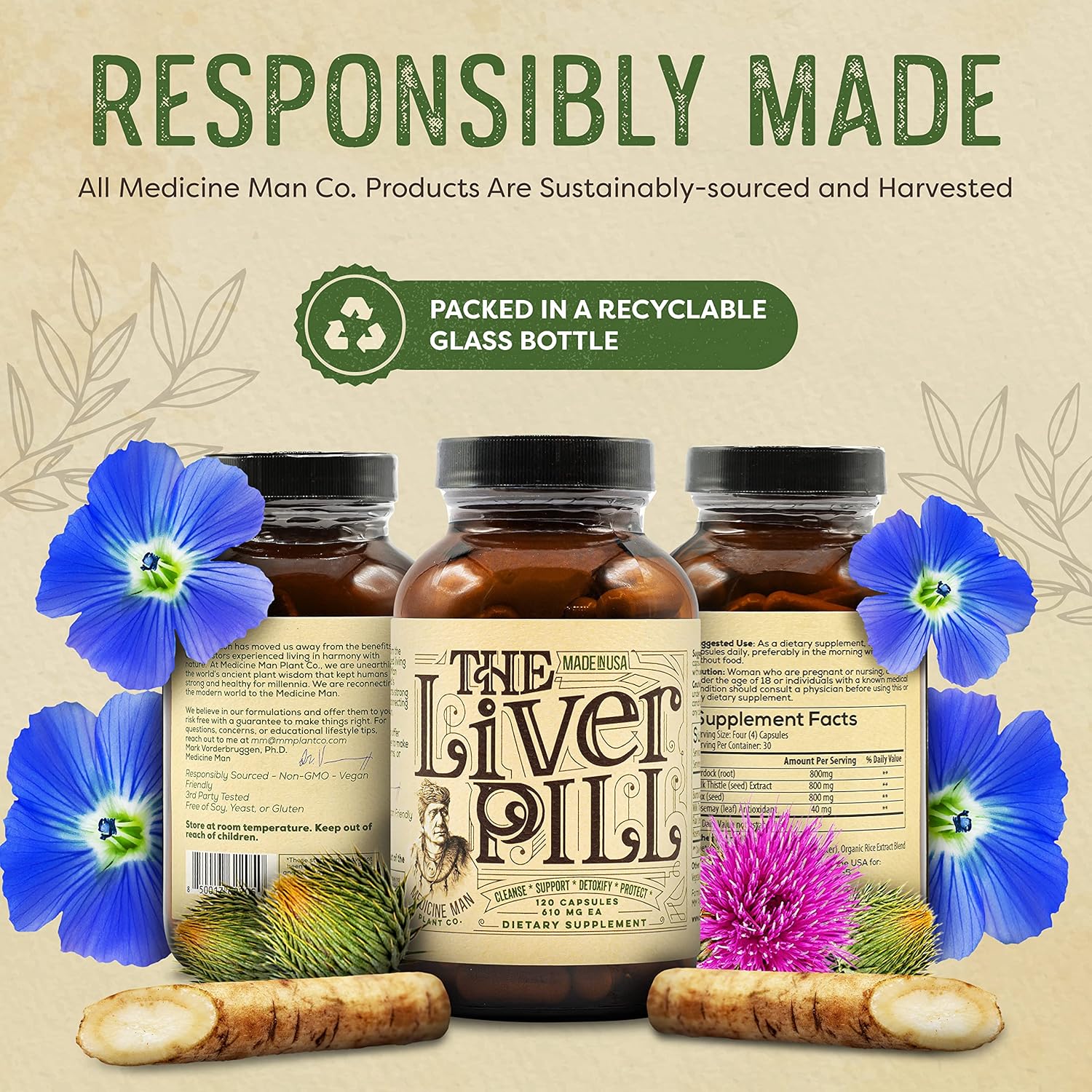 Organic Liver Detox Pills - Herbal Cleanse & Repair Capsules with Burdock Root, Milk Thistle, Rosemary, and Flax Seed - Non-GMO Formula for Men and Women - 120 Capsules by Medicine Man Plant Co