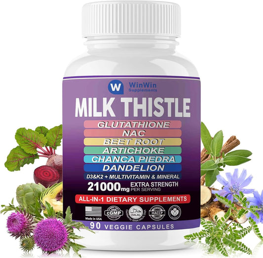 Organic Liver Protection Supplement with Milk Thistle, Artichoke, and Dandelion - 29-IN-1 Formula with Glutathione, NAC, Beetroot, D3&K2 Vitamins - 15000mg - Made In USA