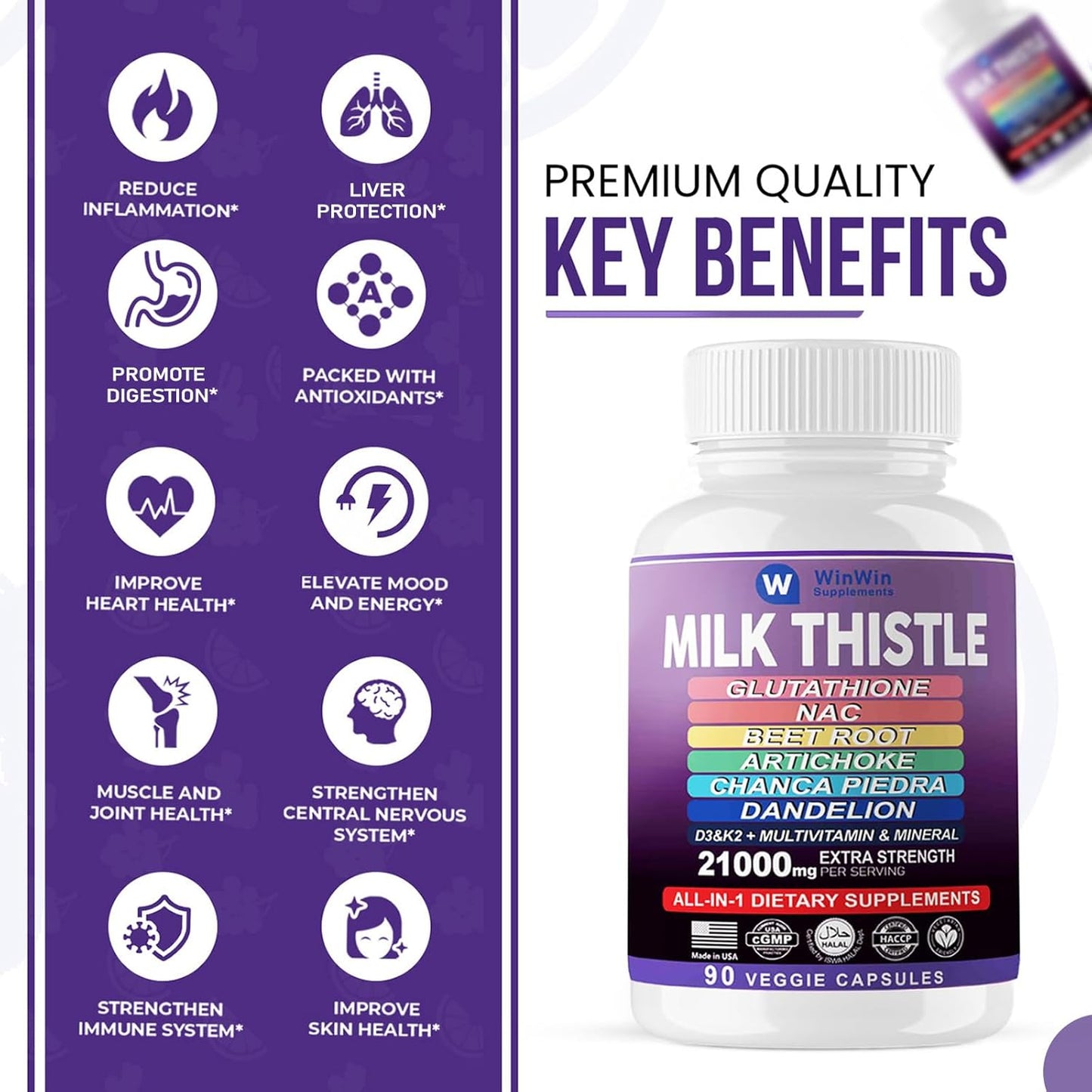 Organic Liver Protection Supplement with Milk Thistle, Artichoke, and Dandelion - 29-IN-1 Formula with Glutathione, NAC, Beetroot, D3&K2 Vitamins - 15000mg - Made In USA