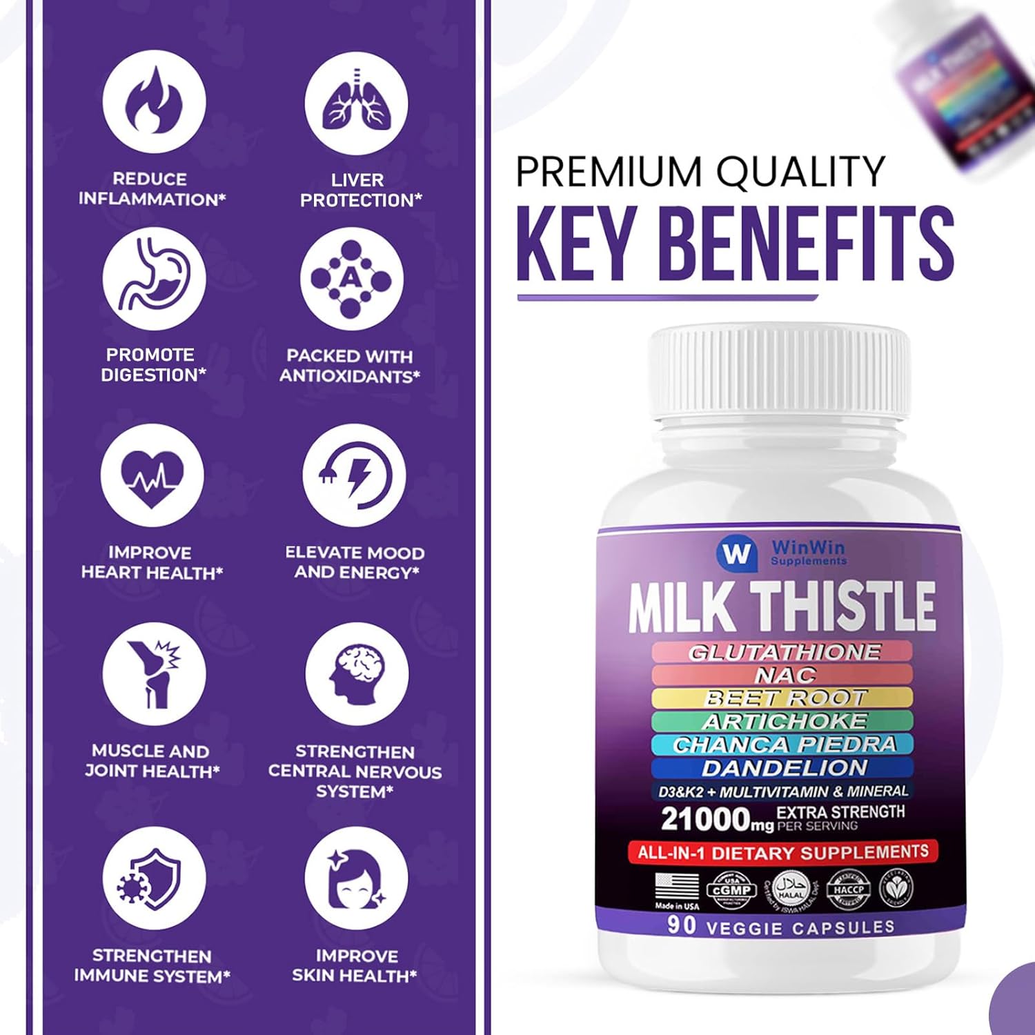 Organic Liver Protection Supplement with Milk Thistle, Artichoke, and Dandelion - 29-IN-1 Formula with Glutathione, NAC, Beetroot, D3&K2 Vitamins - 15000mg - Made In USA