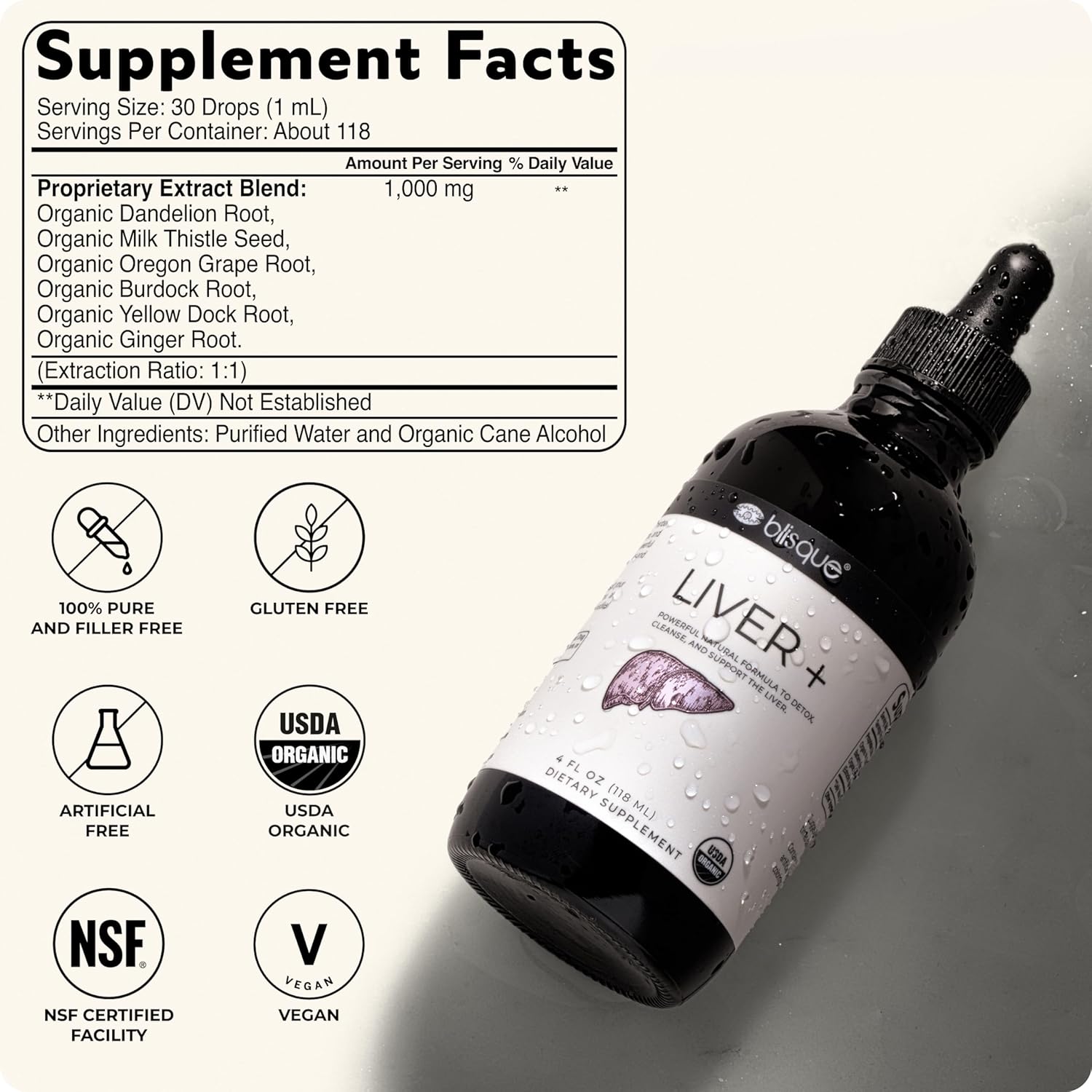 Organic Liver Support Complex Supplement for Detox, Cleanse, and Repair | Doctor-Approved Formula with Milk Thistle and Dandelion Root | Natural Ingredients | 4oz Bottle - 118 Servings